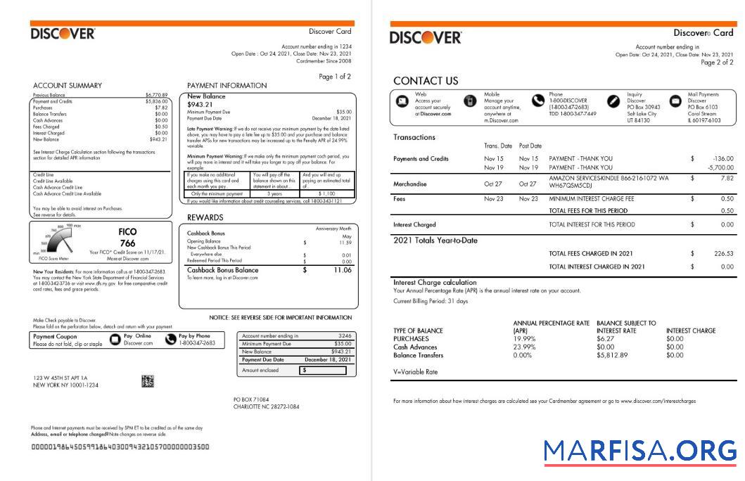 Blank USA Discover bank credit card statement word (2 pages) download for verification